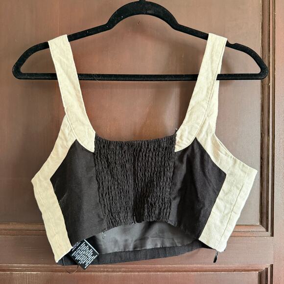 7 FOR ALL MANKIND | Black and White Linen Blend Scoop Neck Crop Top | Medium - Picture 2 of 5